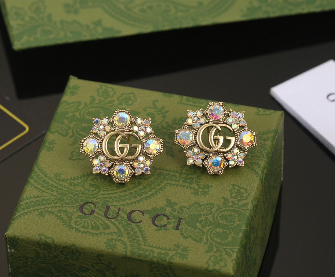 Gucci Double G Blue Flowers Earrings - 2.25 cm Height - 18K Yellow Gold