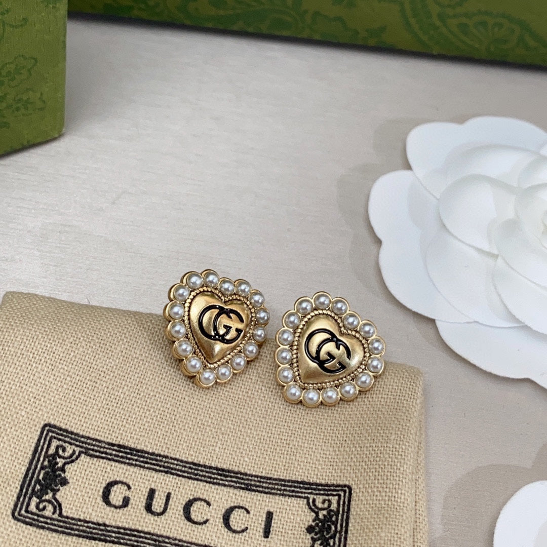 Gucci Double G Heart Pearl Earrings - 18K Yellow Gold