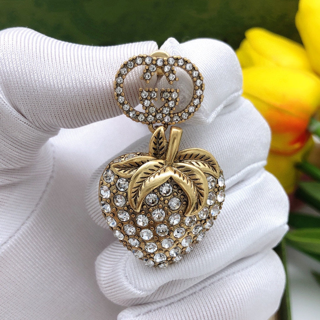 Gucci Double G Crystal Strawberry Pendant Earrings - 18K Yellow Gold