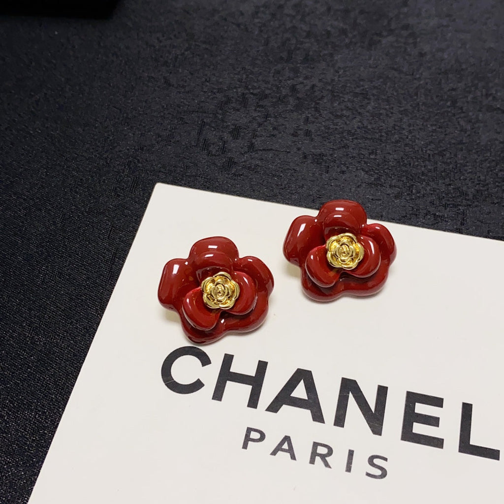 Chanel Red Camellia Resin Earrings - 18K Yellow Gold