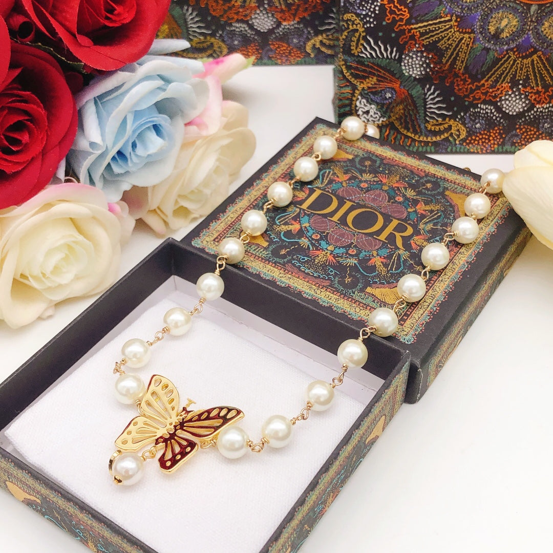 Dior Butterfly Pearl Chain Necklace