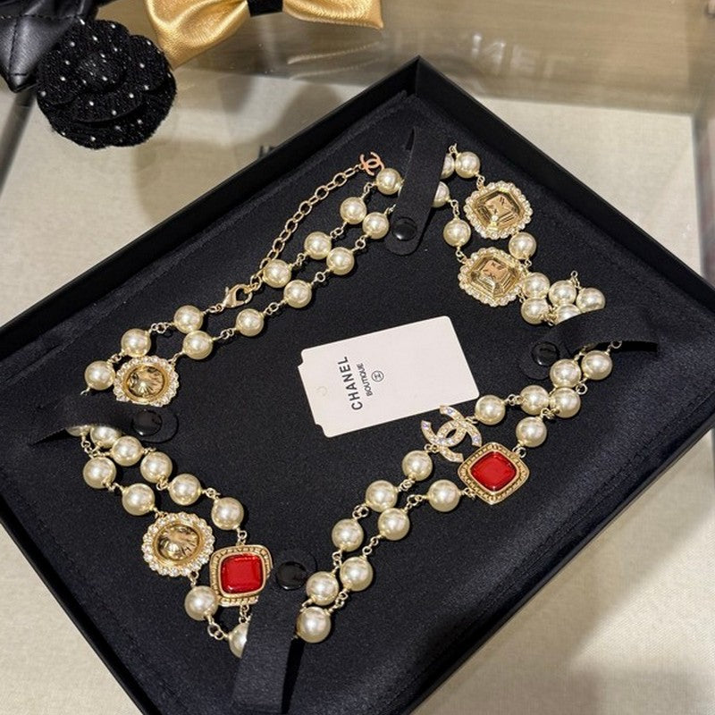 Chanel Long Pearl Red Crystal Necklace