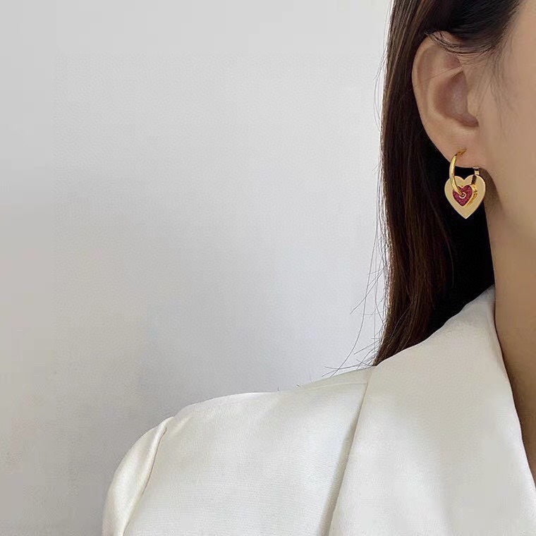 Celine Triomphe Red Heart Earrings - 18K Yellow Gold