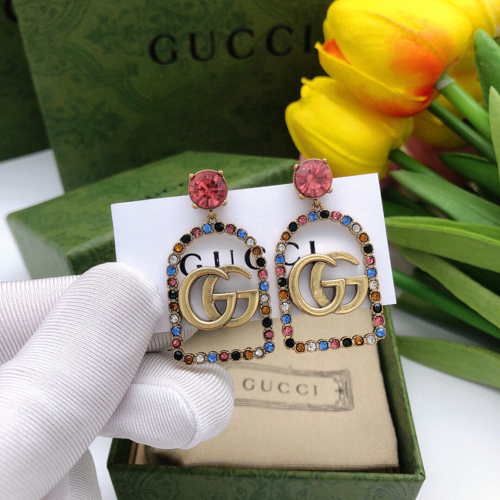 Gucci Double G Color Crystal Earrings - 3.5 cm Height - 18K Yellow Gold