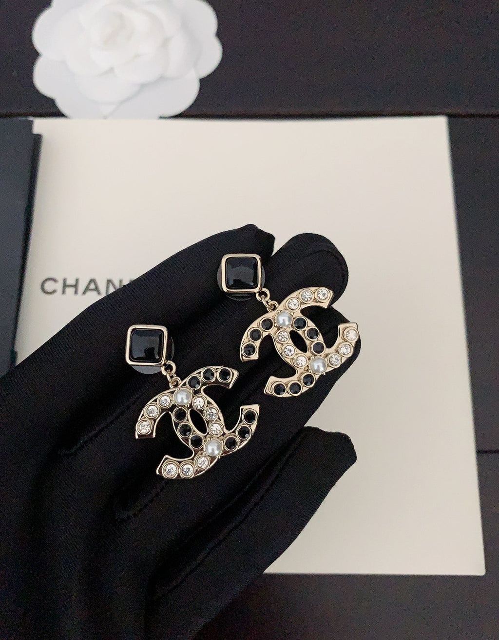 Chanel Black Crystal Earrings - 18K Yellow Gold