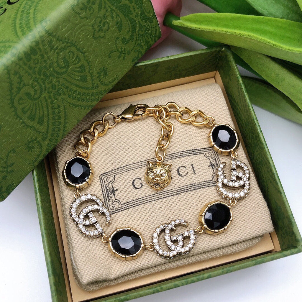 Gucci Double G Black Stones Chain Bracelet