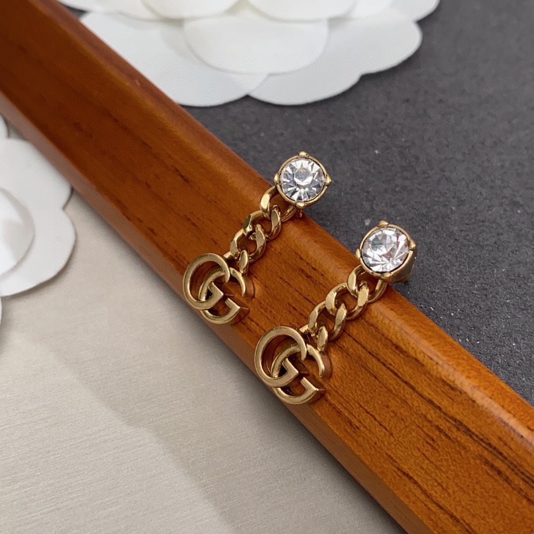 Gucci Double G Crystal Chain Earrings - 18K Yellow Gold