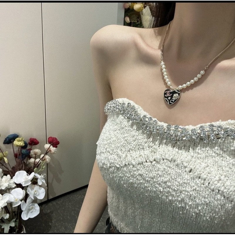 Chanel Pink & Black Heart Pearl Necklace