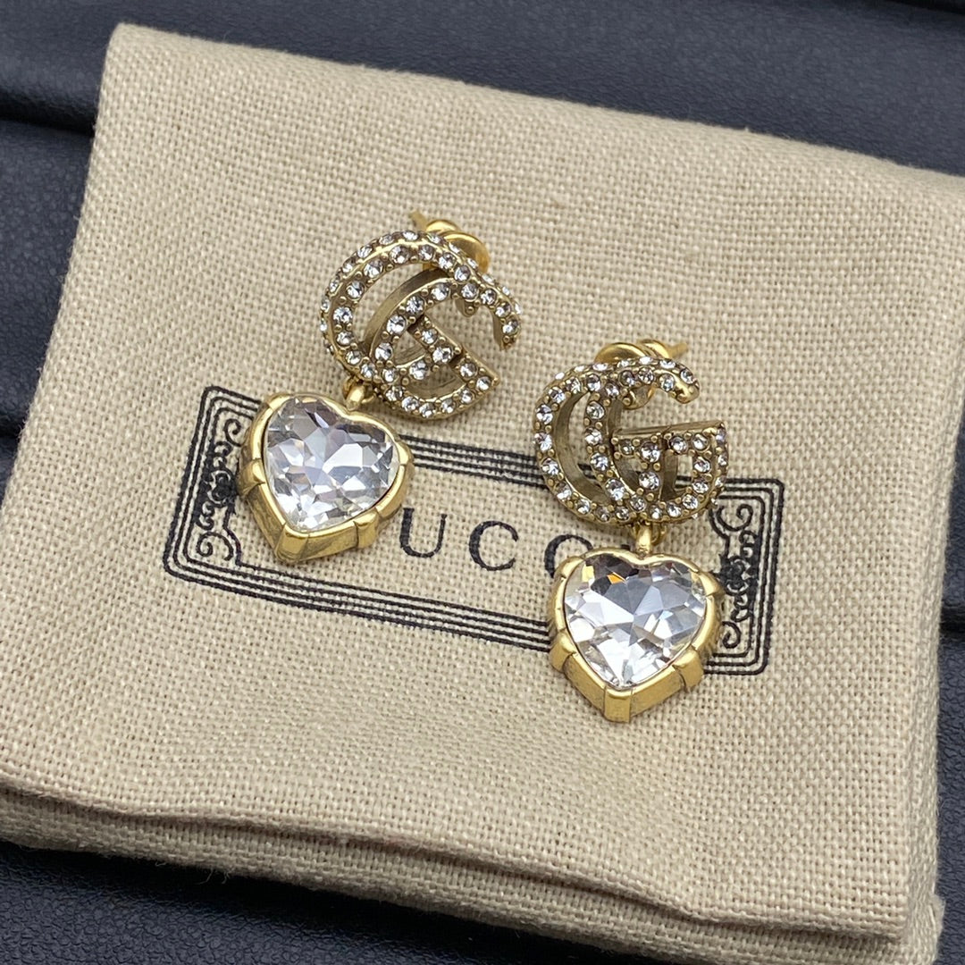 Gucci Double G Crystal Pendant Earrings - 18K Yellow Gold