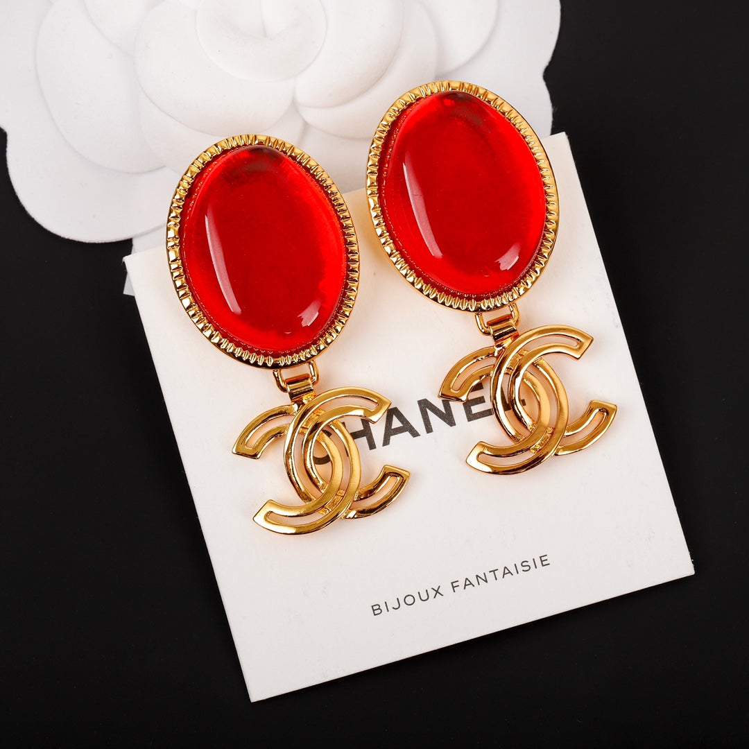Chanel Red Crystal Pendant Earrings - 18K Yellow Gold