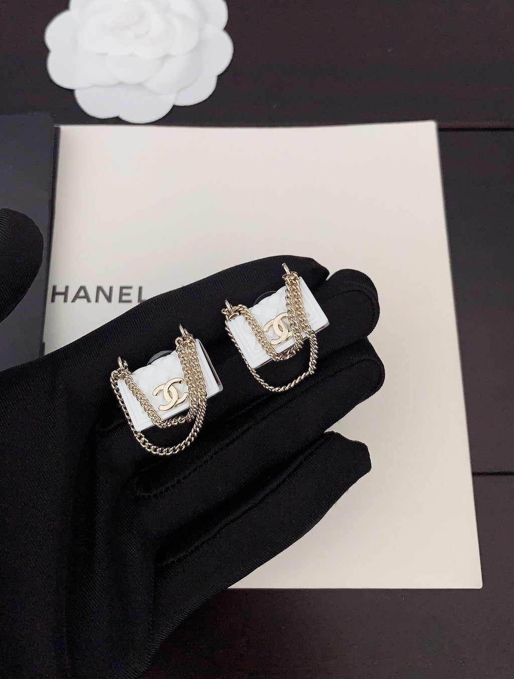 Chanel White Bag Earrings - 18K Yellow Gold