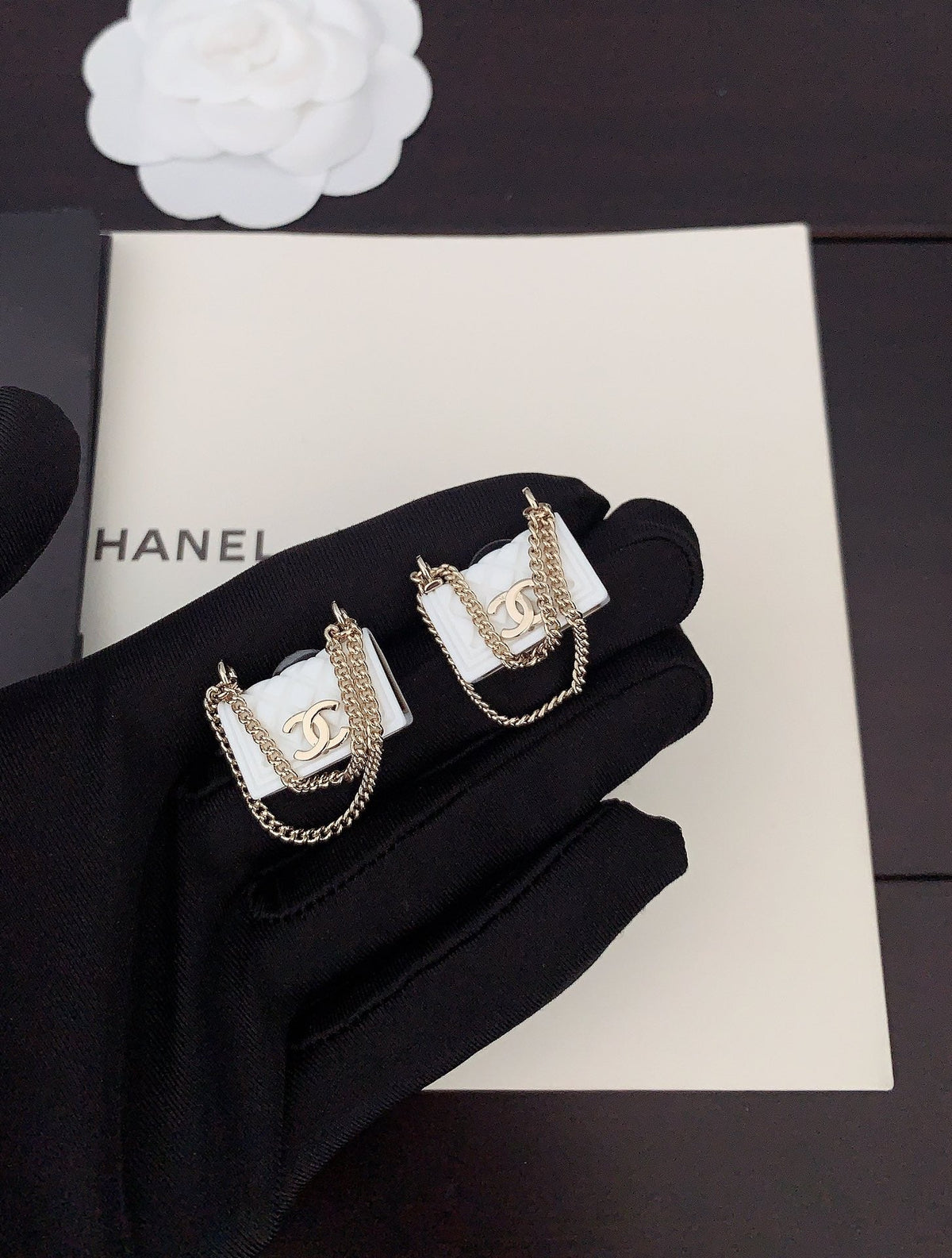 Chanel White Bag Earrings - 18K Yellow Gold