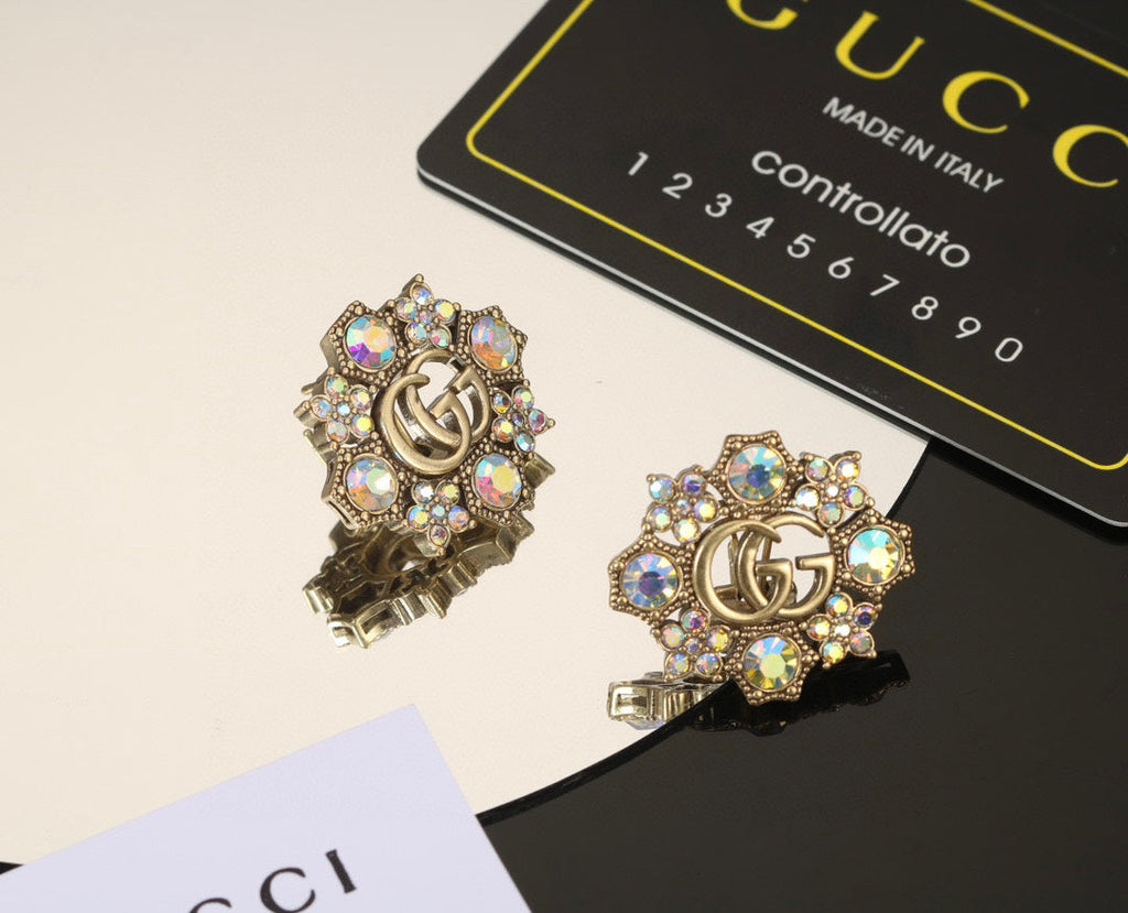 Gucci Double G Blue Flowers Earrings - 2.25 cm Height - 18K Yellow Gold