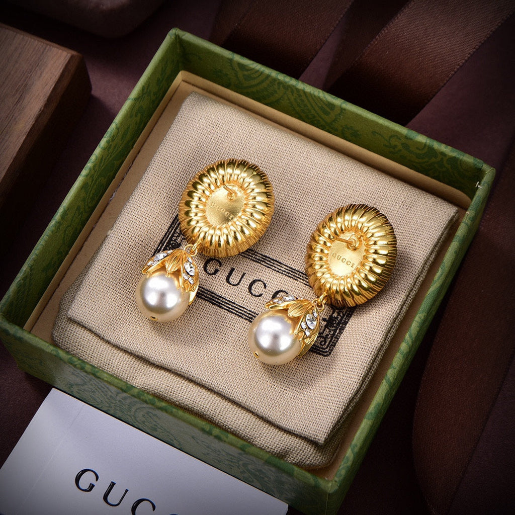 Gucci Double G Pearl Earrings - 18K Yellow Gold
