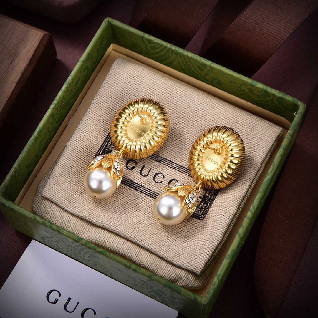 Gucci Double G Pearl Earrings - 18K Yellow Gold