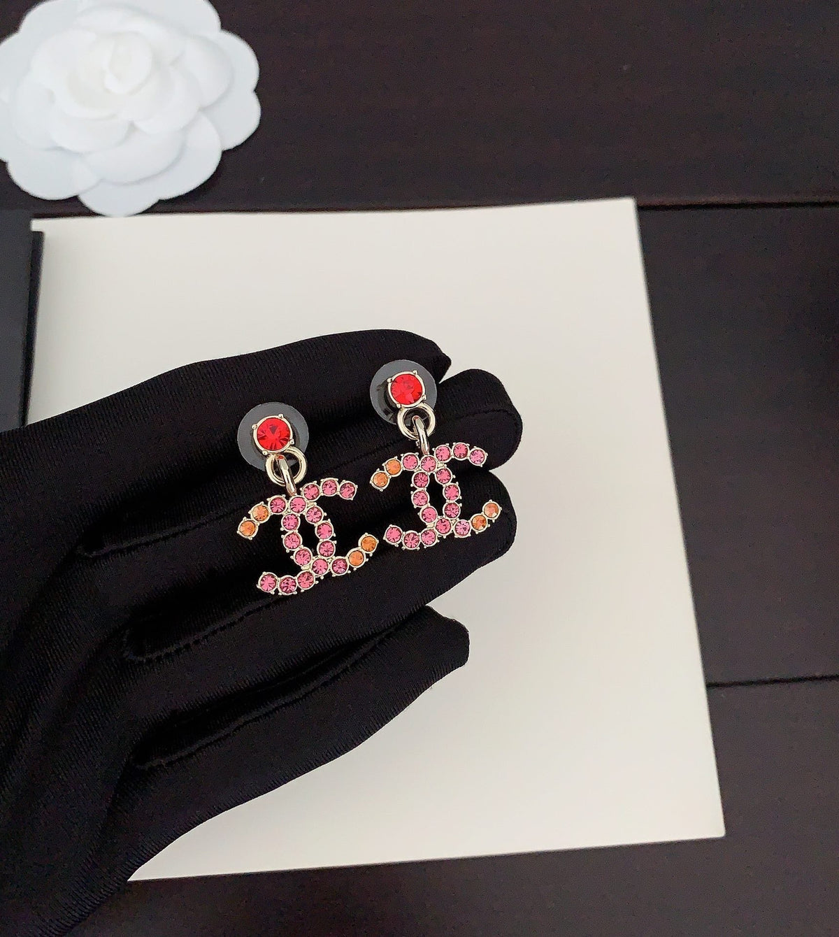 Chanel Pink Crystal Earrings - 18K Yellow Gold