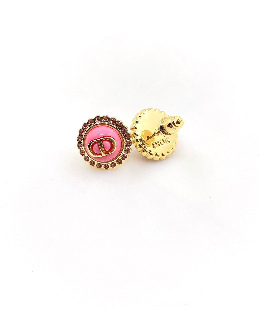 Chanel Pink Crystal Earrings - 2 cm Height - 18K Yellow Gold