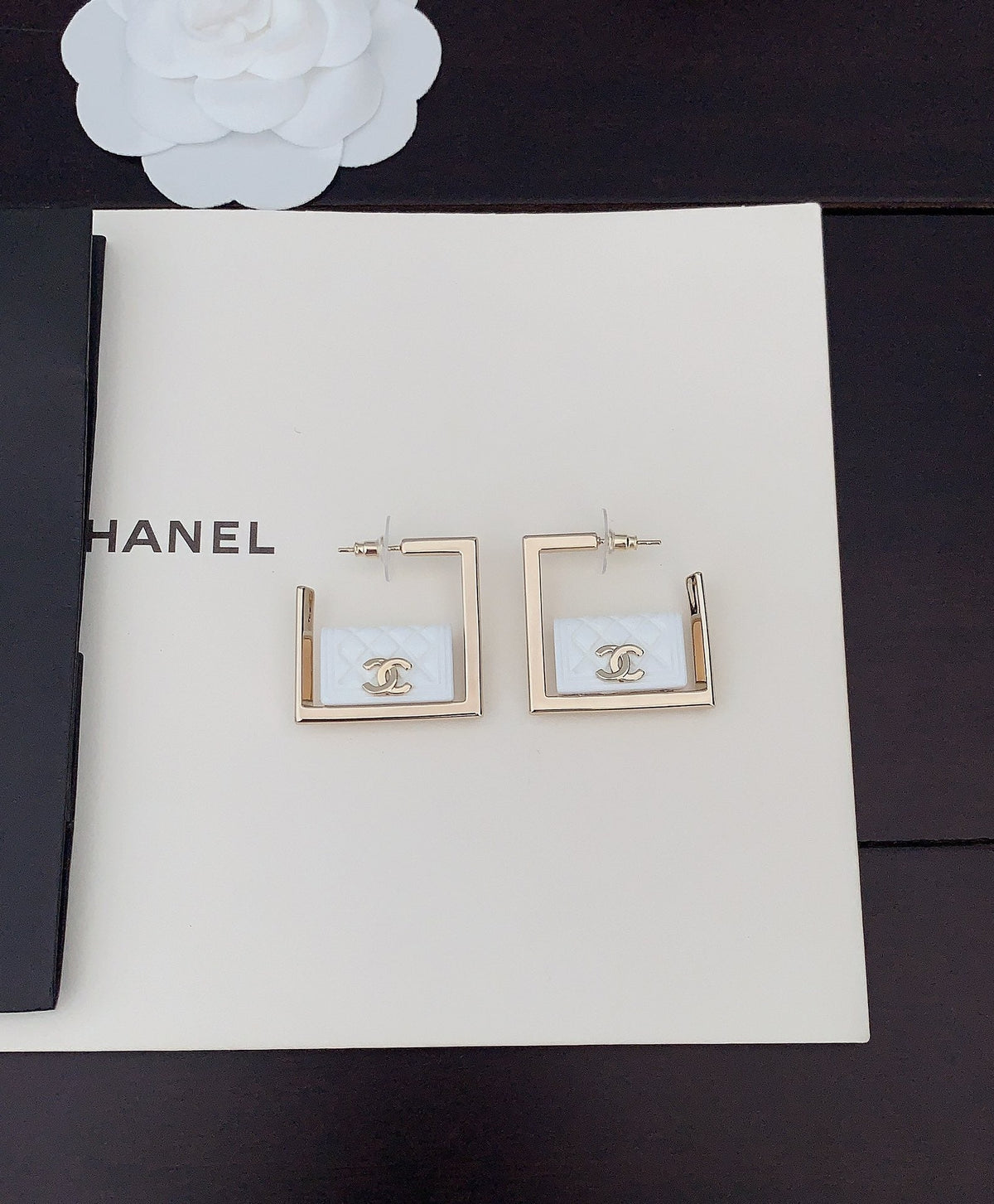 Chanel White Bag Pendant Earrings - 18K Yellow Gold
