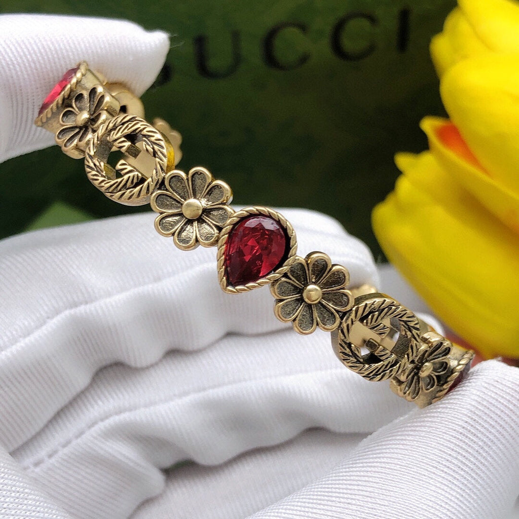 Gucci Double G Flowers Red Crystals Open Cuff Bracelet