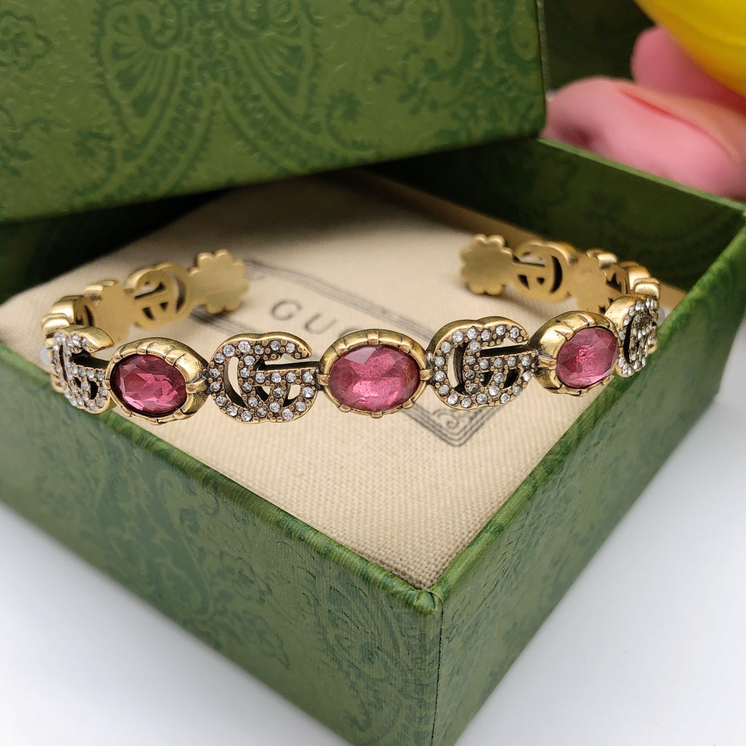 Gucci Double G Red Crystals Open Cuff Bracelet