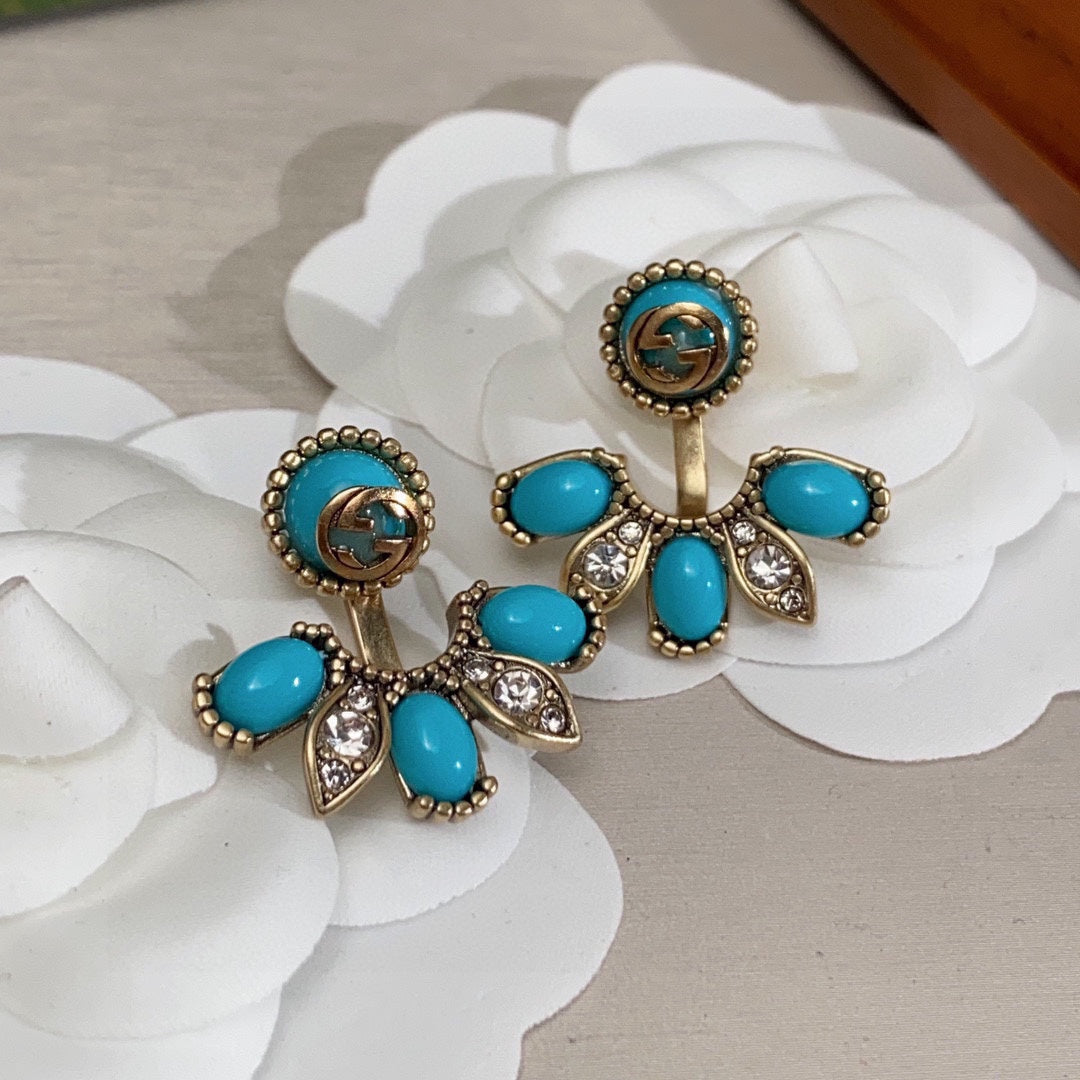 Gucci Double G Blue Flowers Earrings - 3.5 cm Height - 18K Yellow Gold
