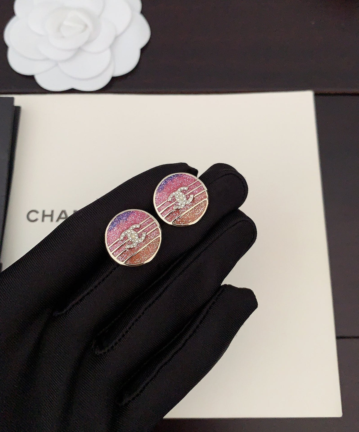 Chanel Pink Crystal Earrings - 18K Yellow Gold