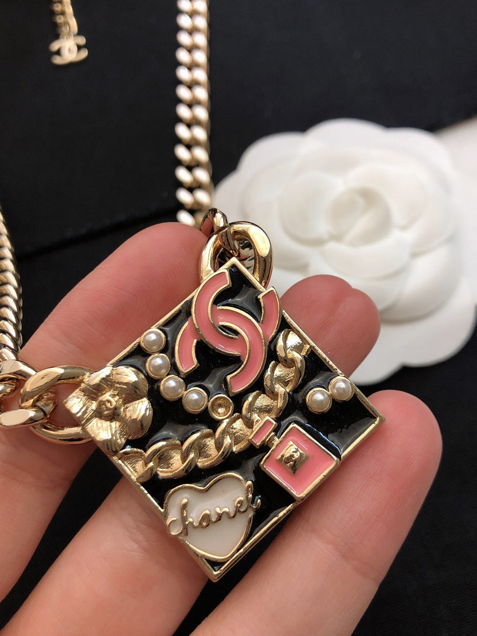 Chanel Pink Logo Chain Necklace