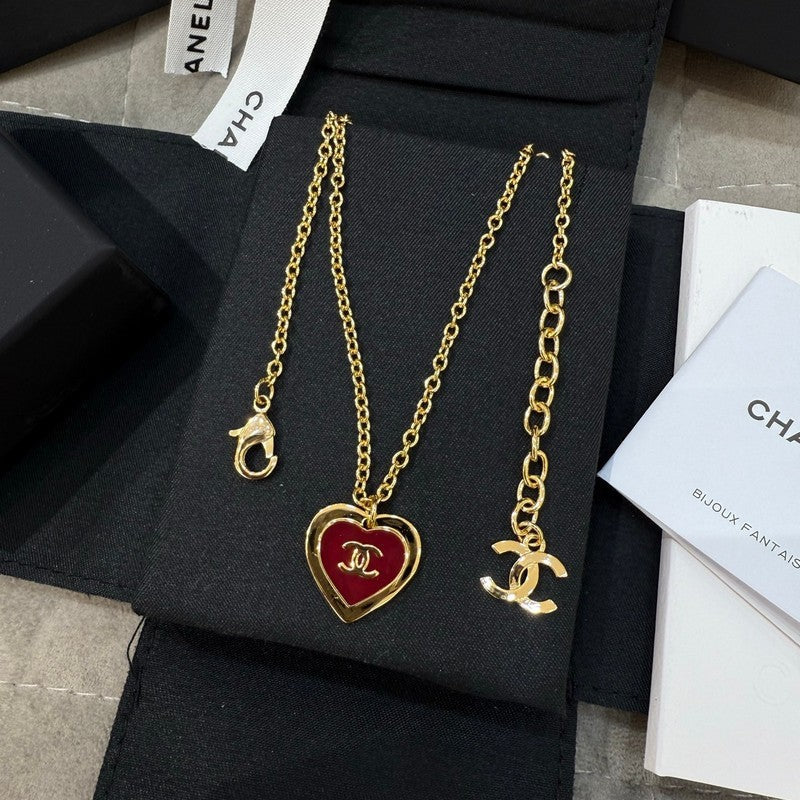 Chanel Black & Red Heart Gold Necklace