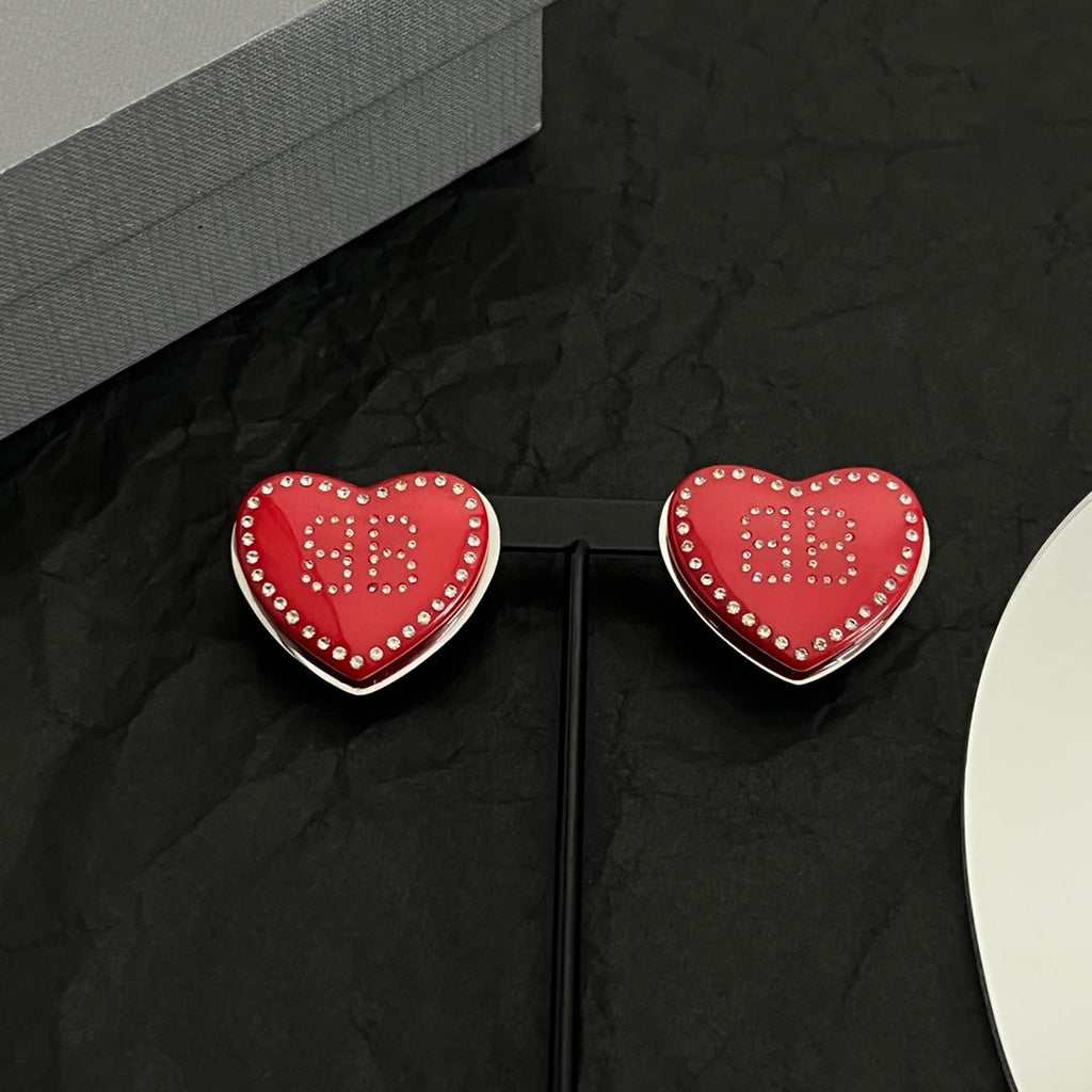 Balenciaga Red Heart Earrings - 18K White Gold