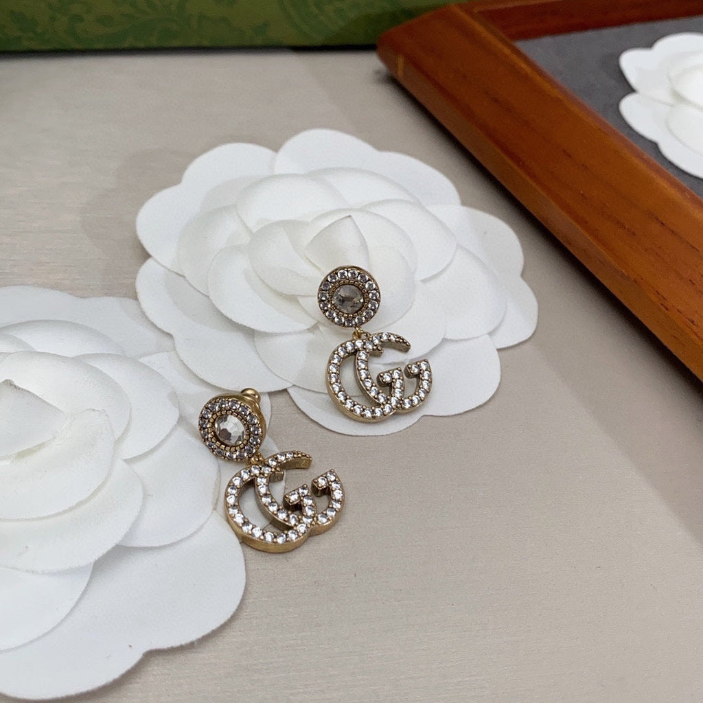 Gucci Double G Crystal Pendant Earrings - 18K White Gold