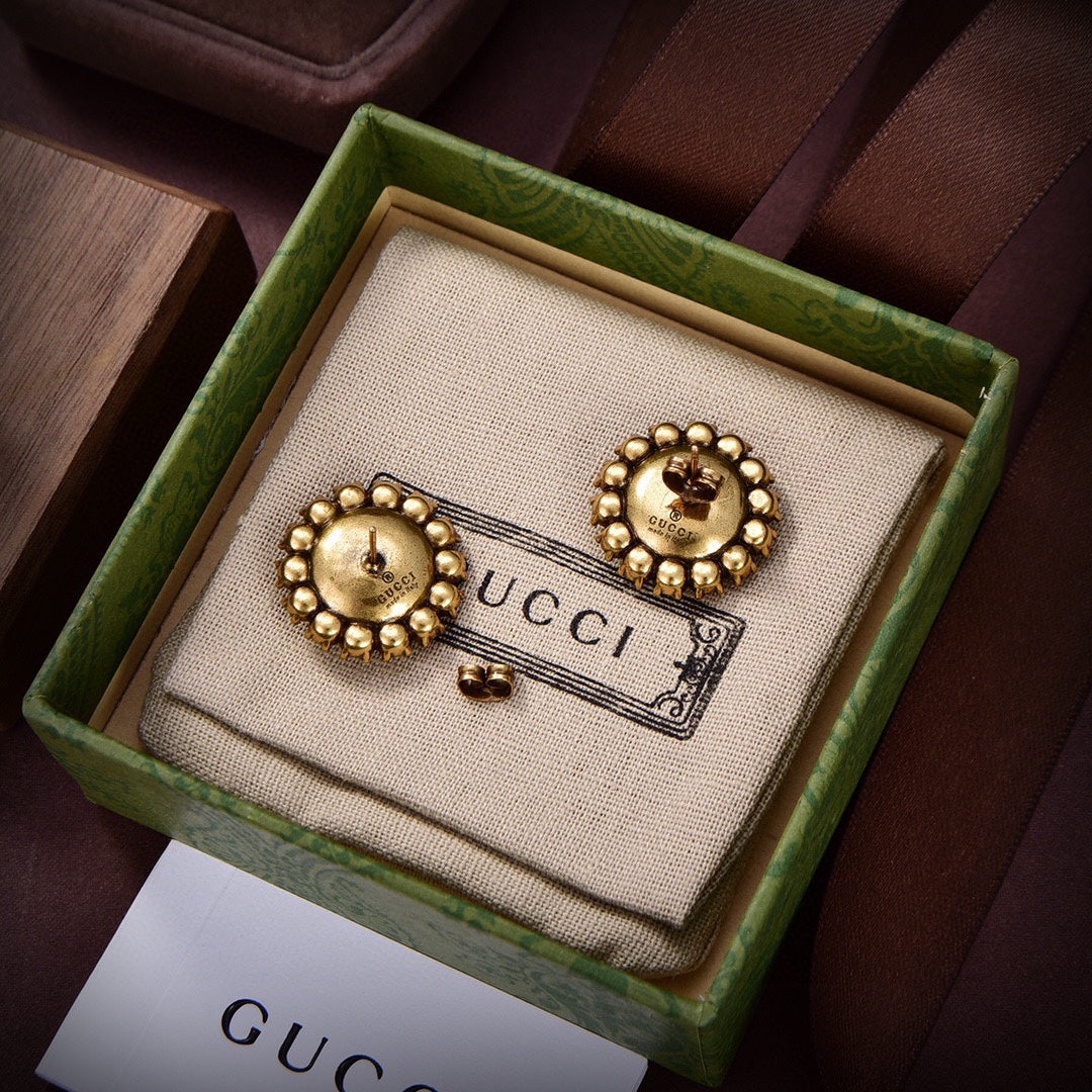 Gucci Double G Flower Crystal Earrings - 18K Yellow Gold
