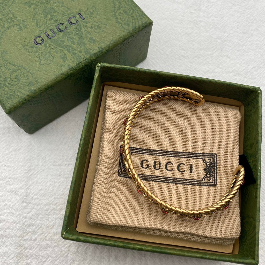 Gucci Double G Red Crystal Flower Cuff Bracelet