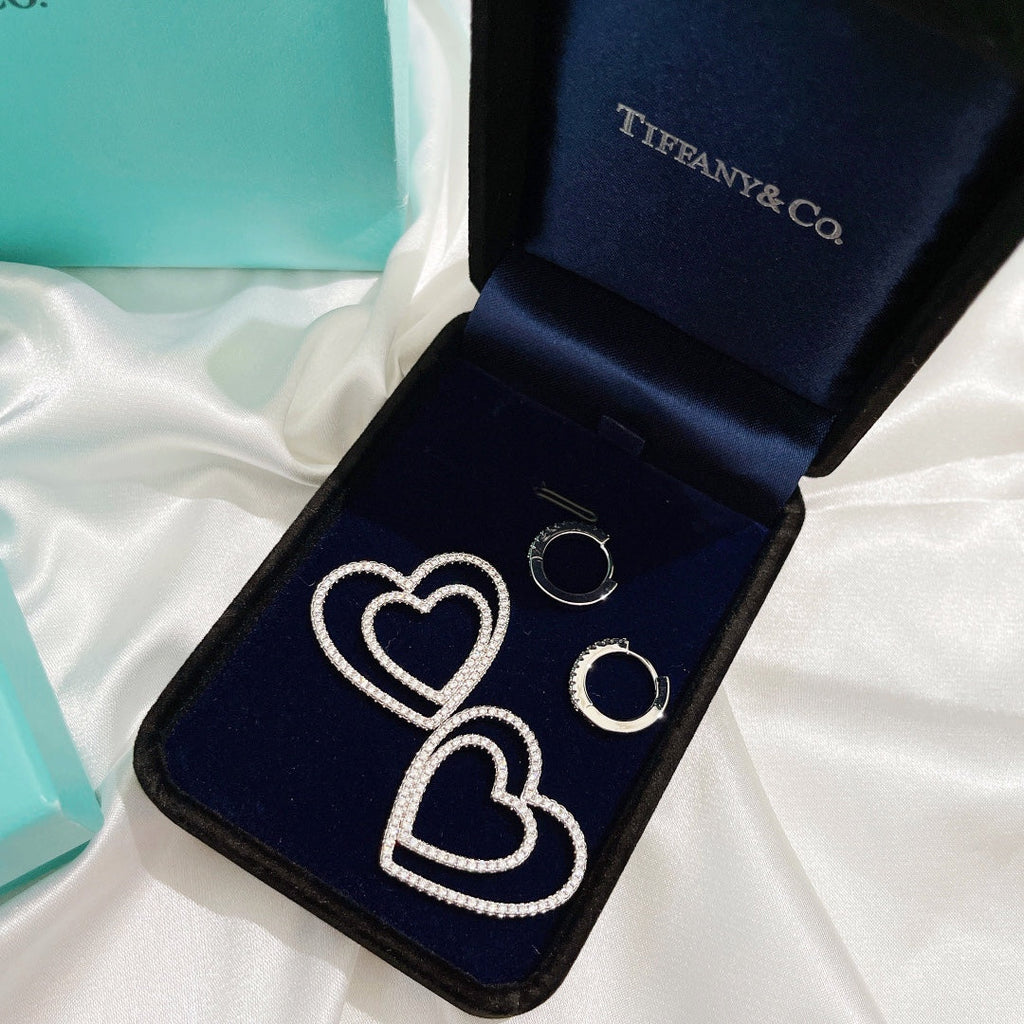 Tiffany Double Heart Diamond Earrings - 18K White Gold