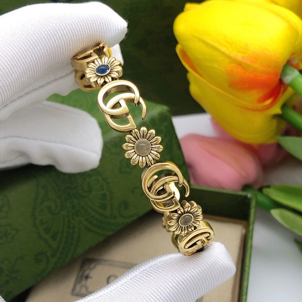 Gucci Double G Flowers Open Cuff Bracelet