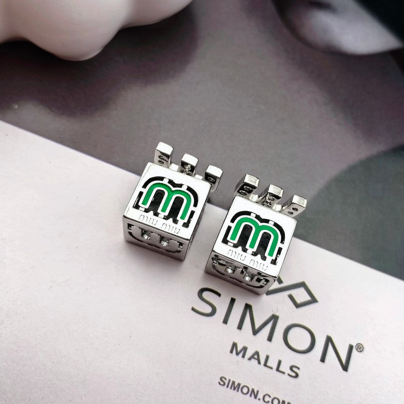 Miu Green & Yellow Cube Earrings - 18K White Gold