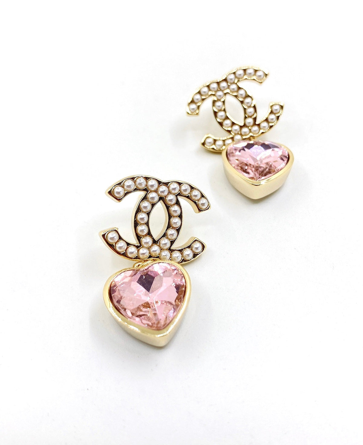 Chanel Pink Heart Crystal Earrings - 18K Yellow Gold