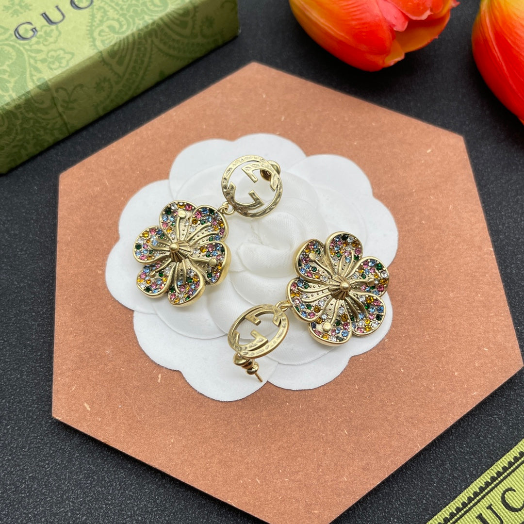 Gucci Double G Color Crystals Flower Earrings - 18K Yellow Gold