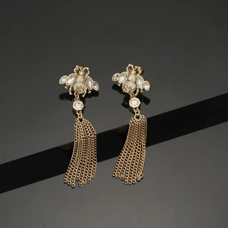 Gucci Double G Bee Tassel Crystal Earrings - 18K Yellow Gold