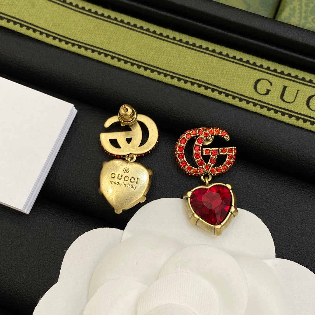 Gucci Double G Red Crystal Earrings - 18K Yellow Gold