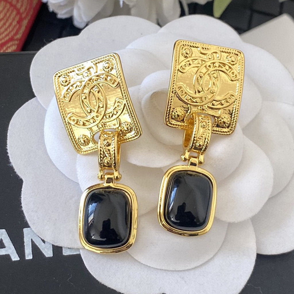 Chanel Black Crystal Earrings - 18K Yellow Gold