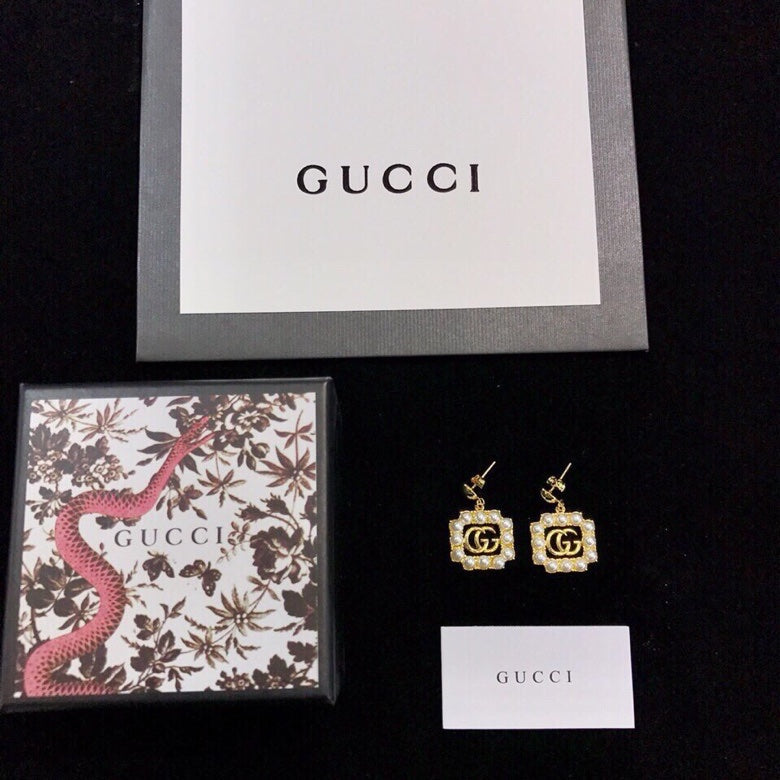 Gucci Double G Square Pearl Earrings - 18K Yellow Gold