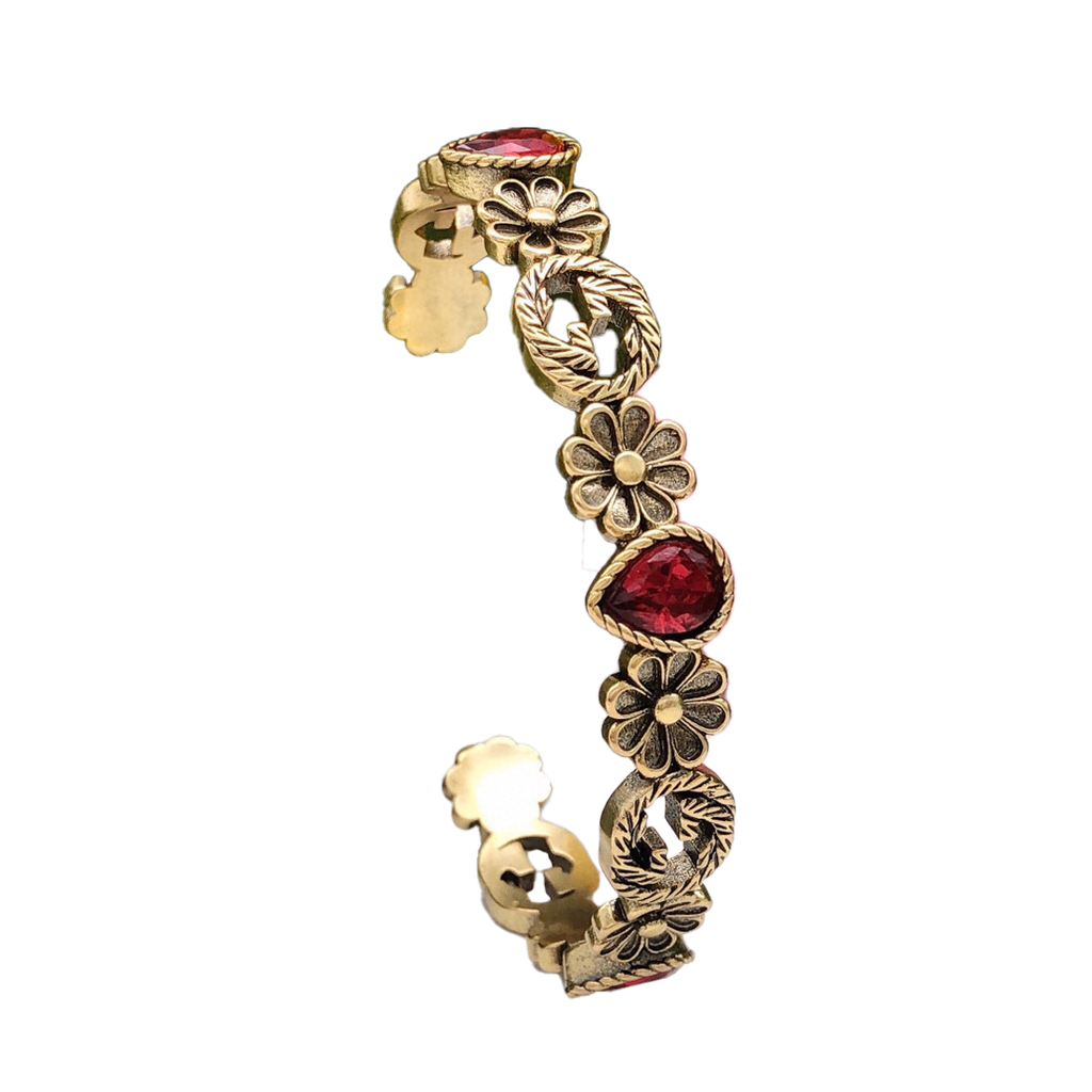 Gucci Double G Flowers Red Crystals Open Cuff Bracelet