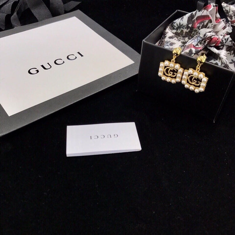 Gucci Double G Square Pearl Earrings - 18K Yellow Gold