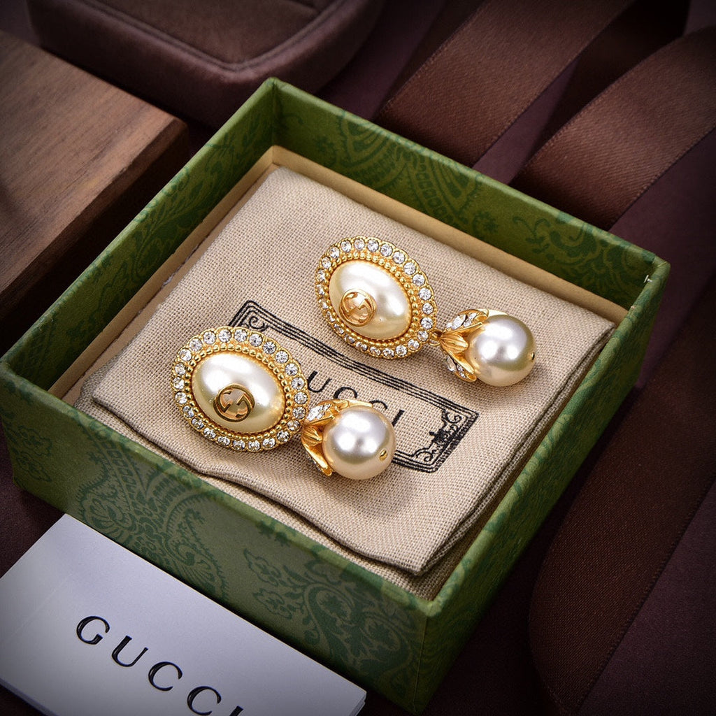 Gucci Double G Pearl Earrings - 18K Yellow Gold