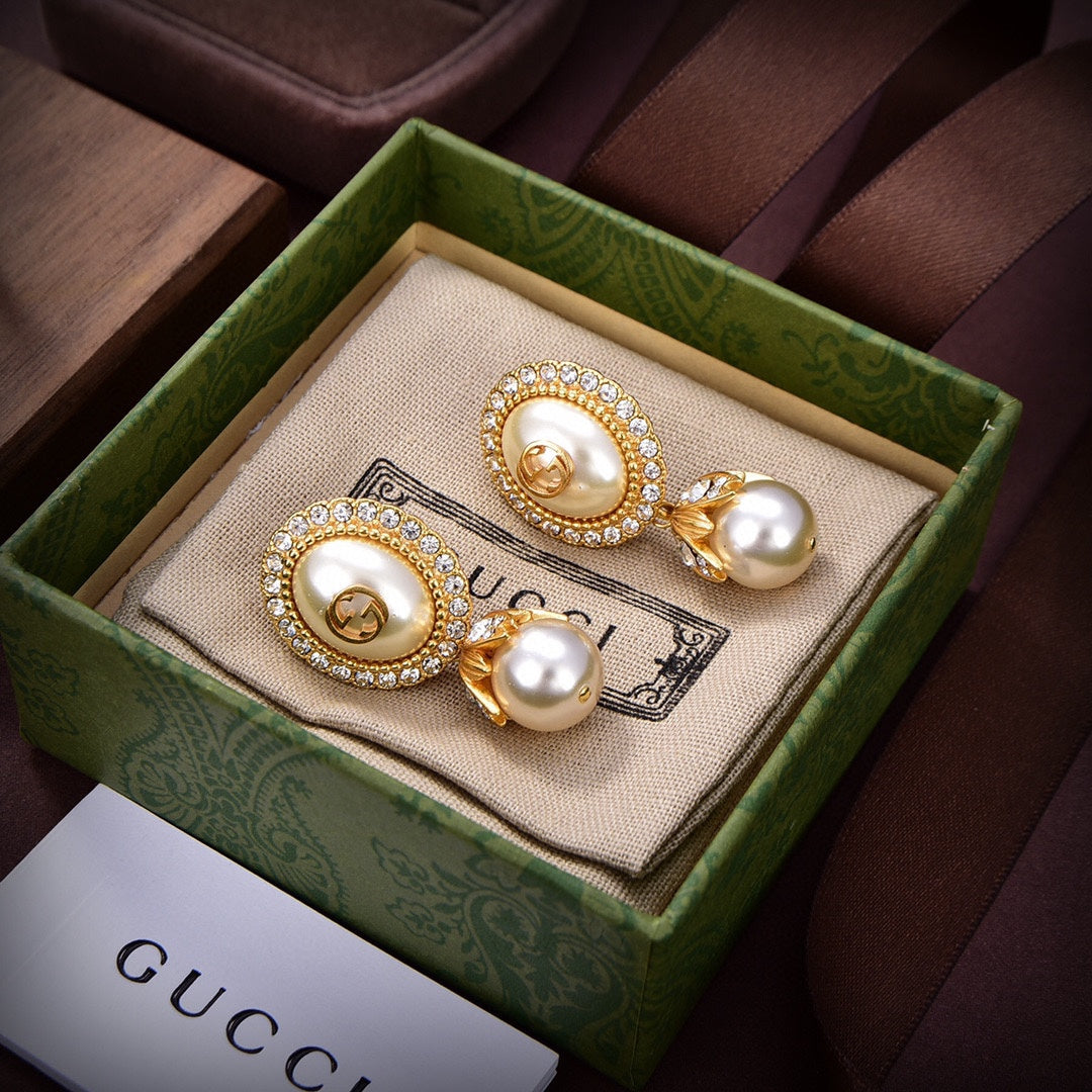Gucci Double G Pearl Earrings - 18K Yellow Gold