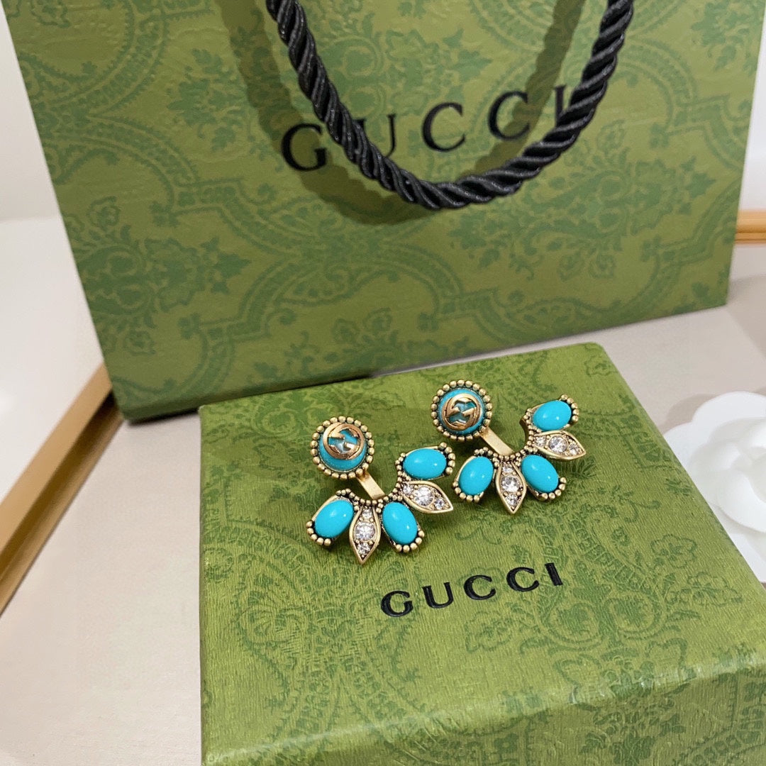 Gucci Double G Blue Flowers Earrings - 3.5 cm Height - 18K Yellow Gold