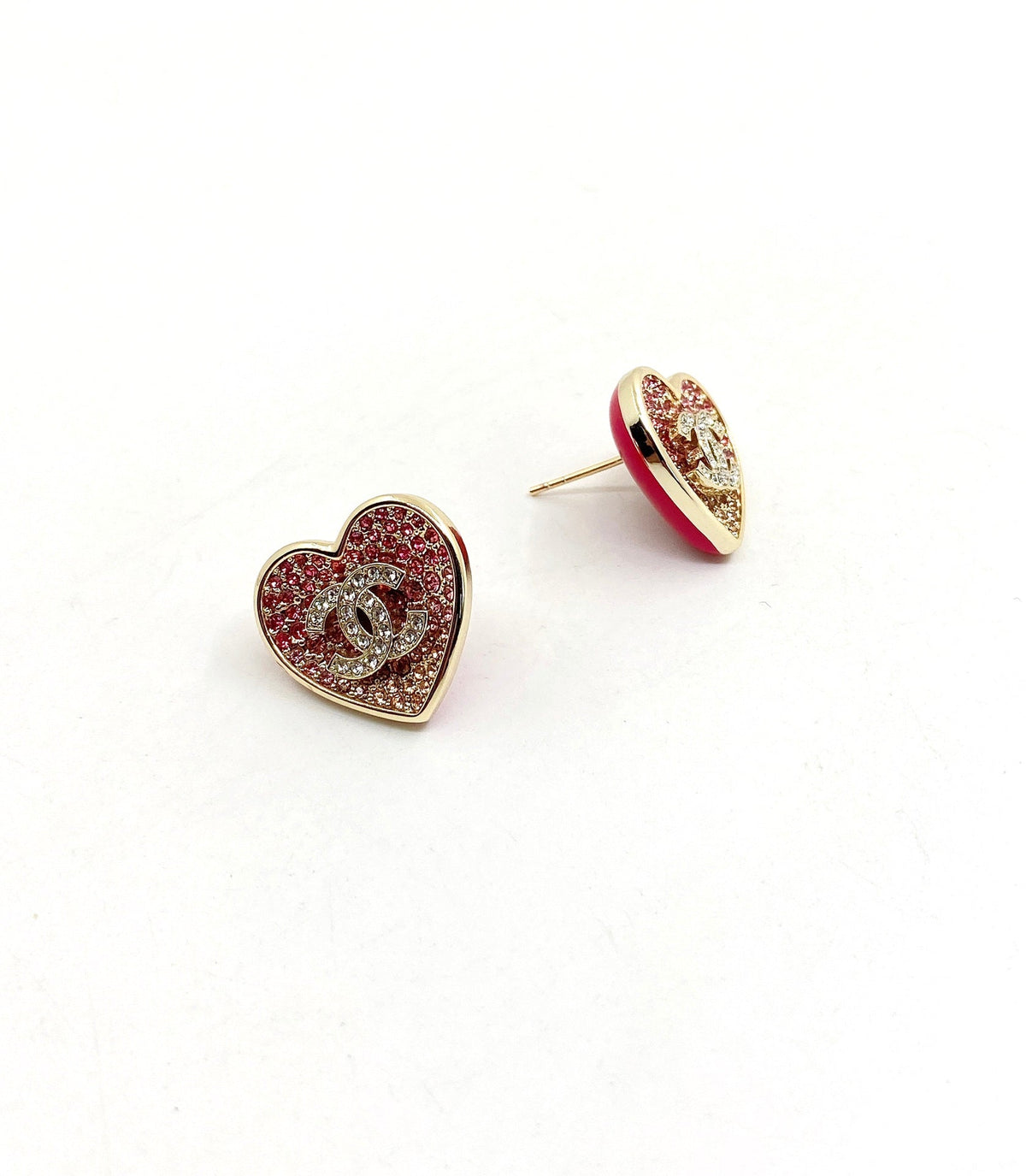 Chanel Diamond Pink Heart Earrings - 18K Yellow Gold