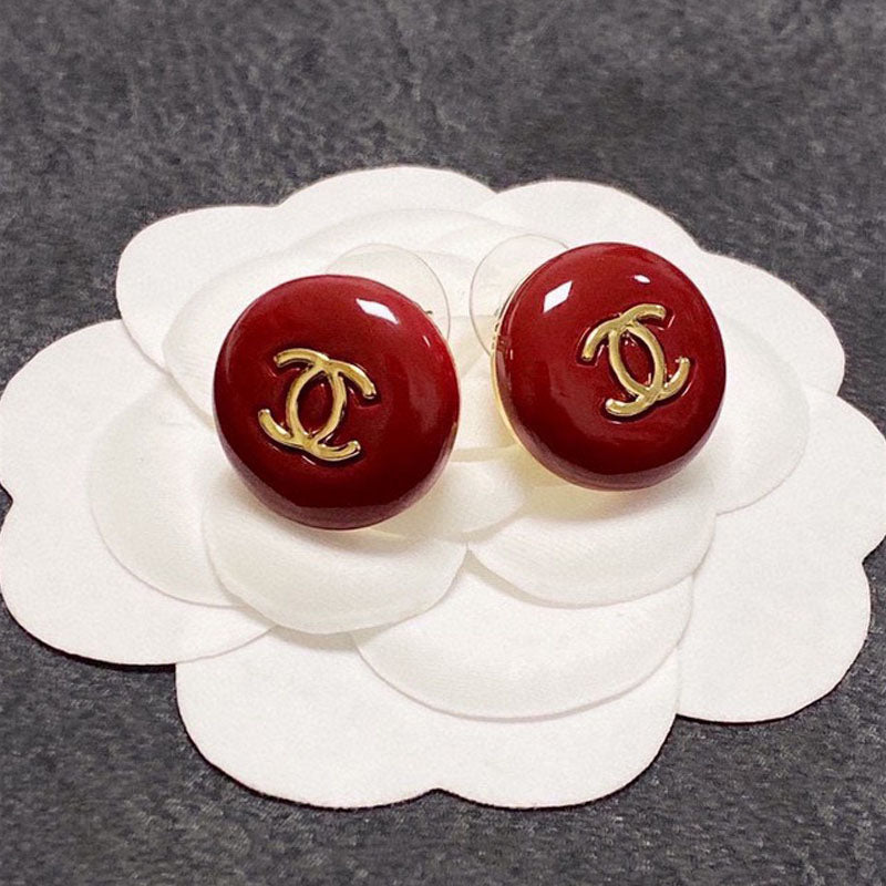 Chanel Wine Red Round Earrings - 18K Yellow Gold