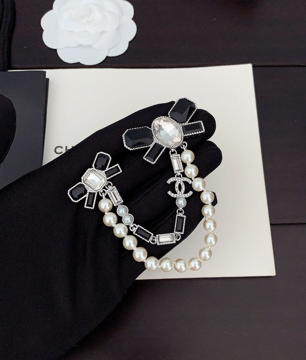 Chanel Black Bow Pearl Brooch