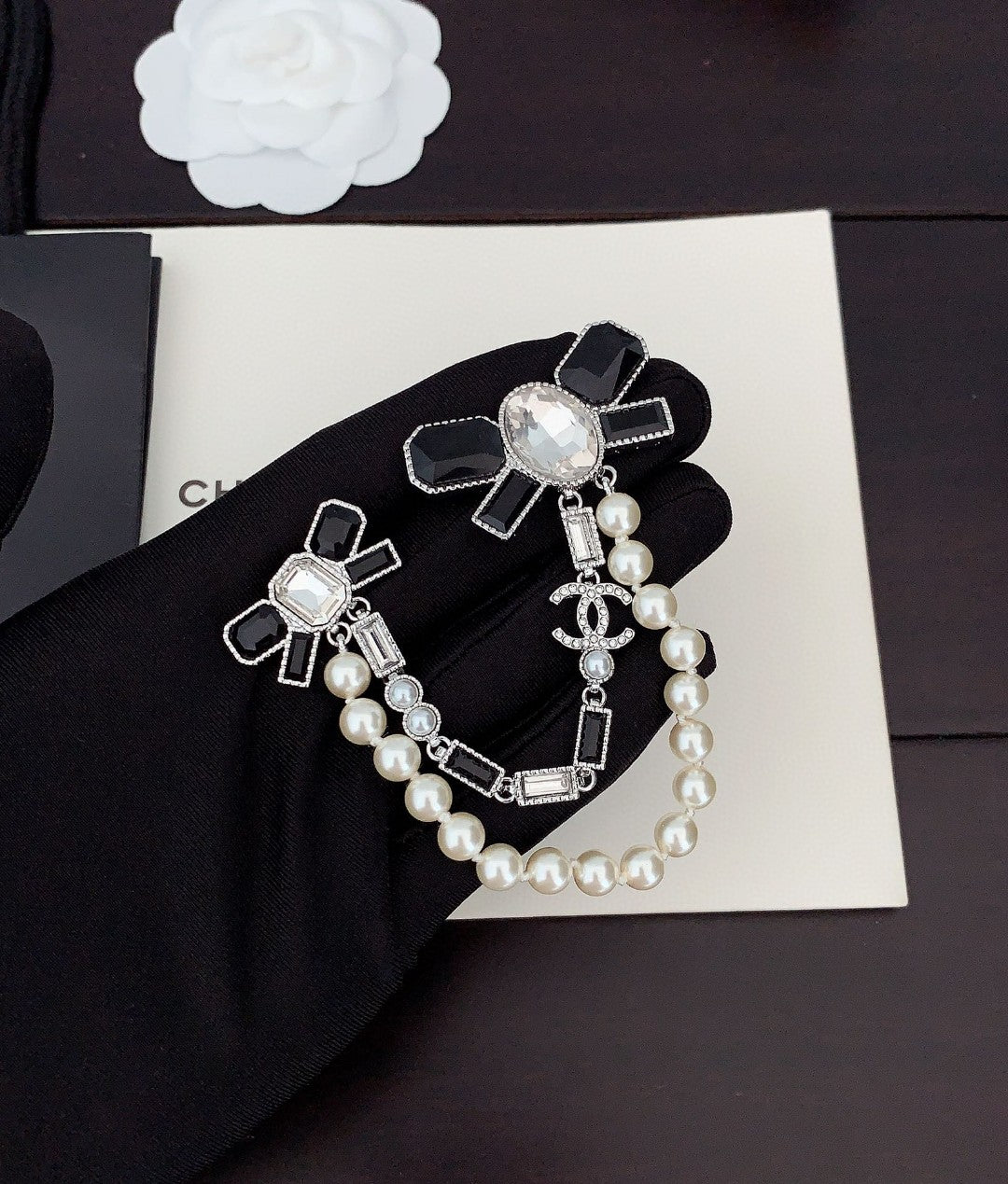 Chanel Black Bow Pearl Brooch